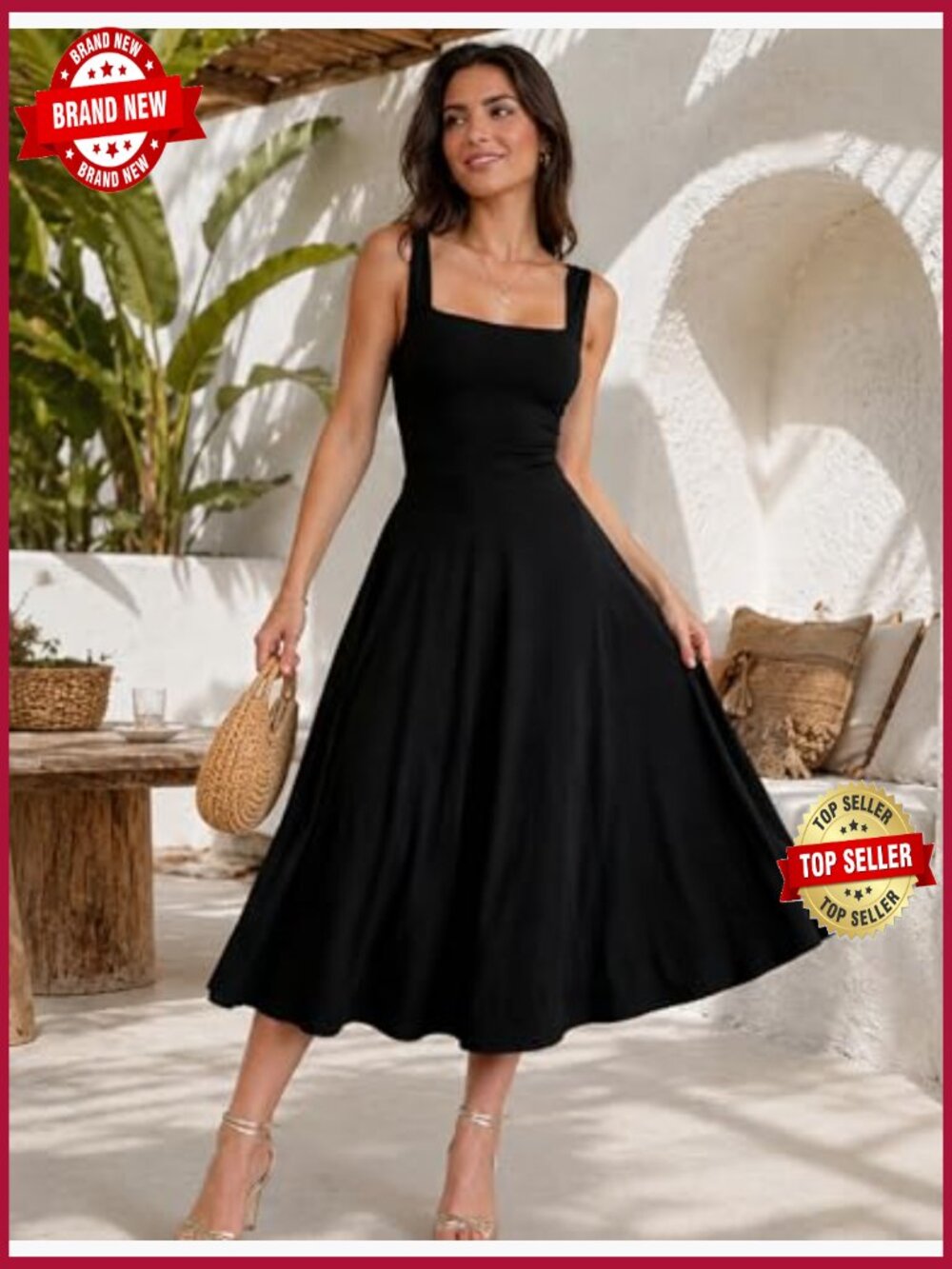Women's Casual Sleeveless Square Neck A-Line Swing Maxi Dress Pockets - Picture 7 of 7